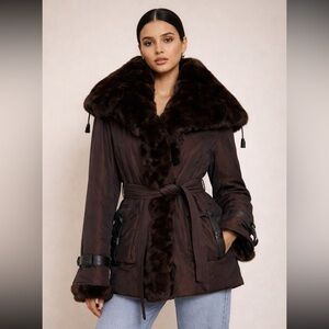 Damselle New York Real Rabbit Fur Trim Iridescent Y2K Coat